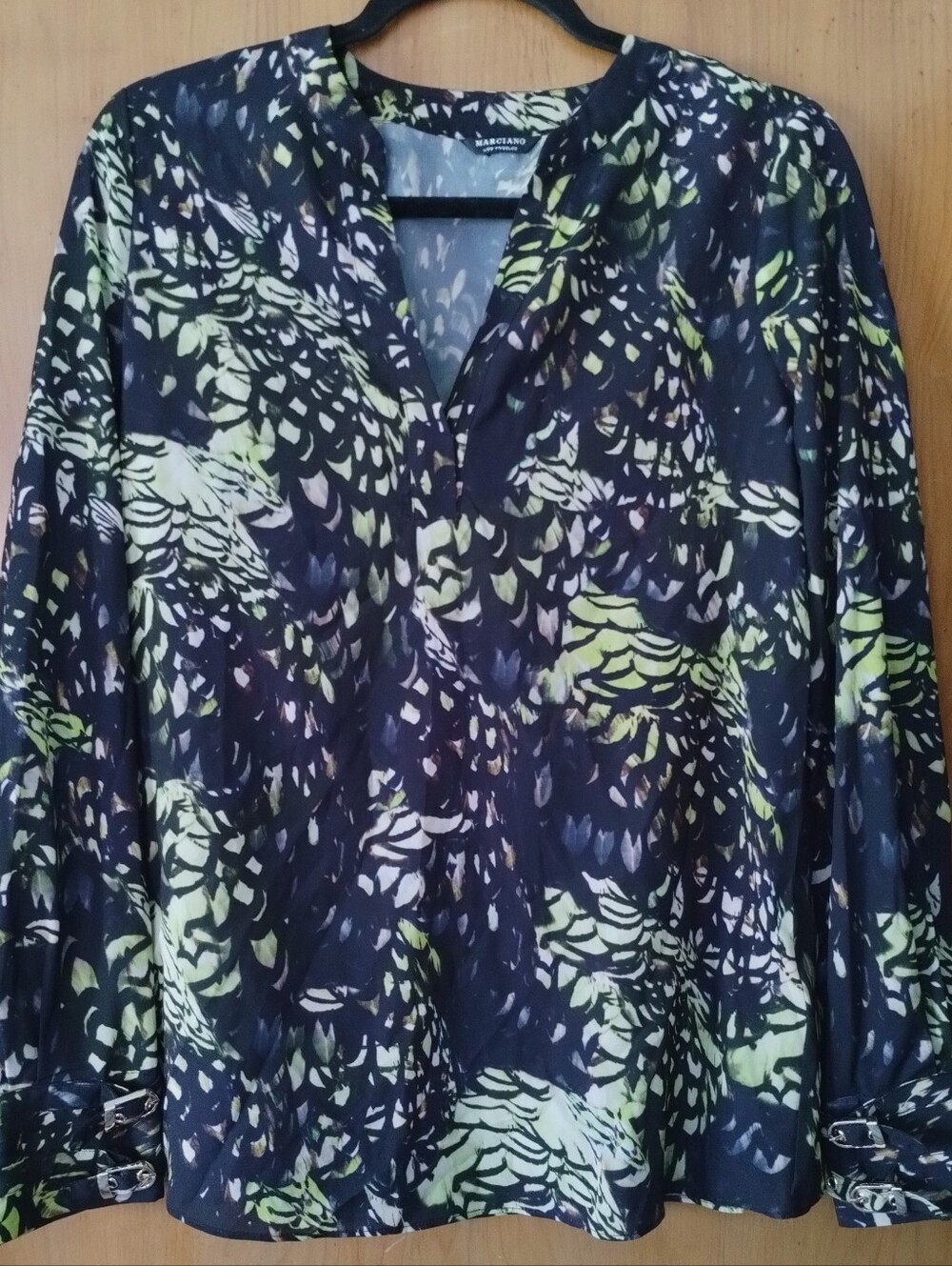 Marciano Black Lime Abstract V-Neck Long Sleeve Blouse
